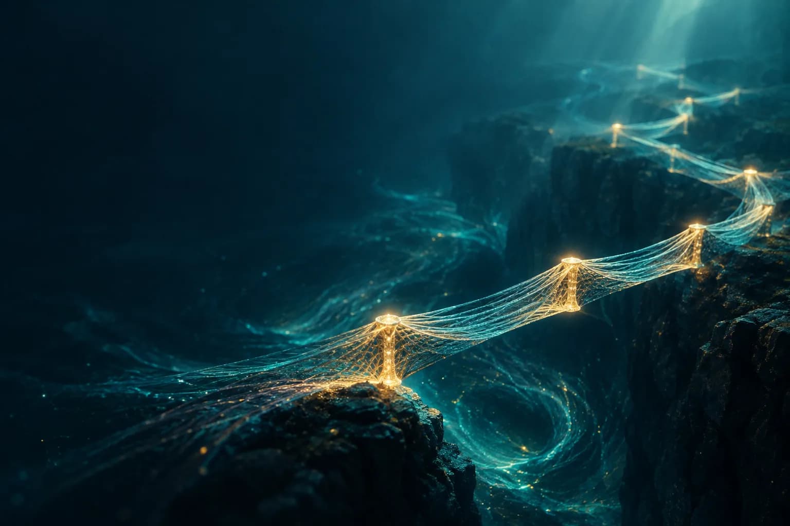 A woven bridge of repeating thread sections spans a dark ocean chasm