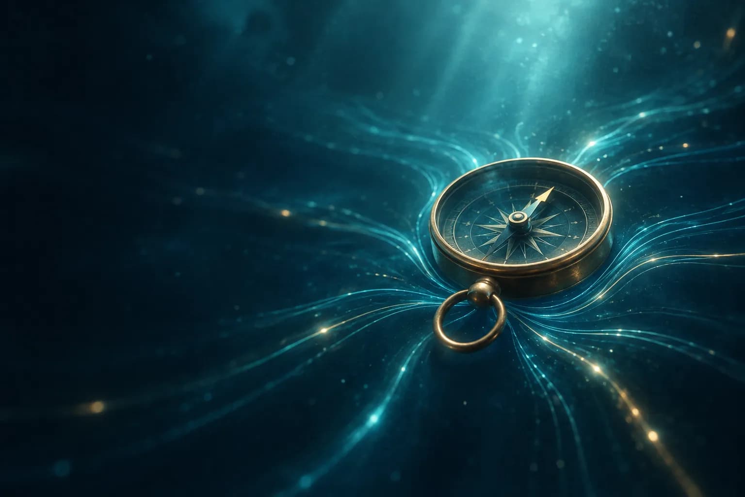 Floating brass compass in deep ocean currents, needle held steady by a central anchor ring