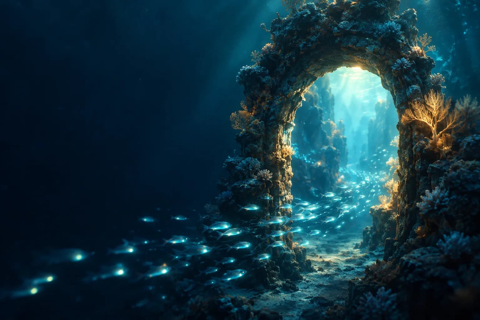 Coral archway leading from a dark ocean space into a brighter chamber, with lanternfish flowing through