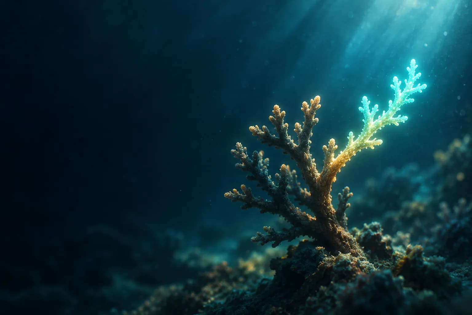 Luminous coral branch with one new offshoot reaching into deep water, older tips dim below