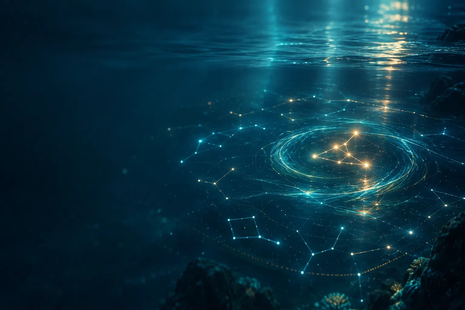 Star map constellations reflected in still water, with one cluster singled out by gentle currents