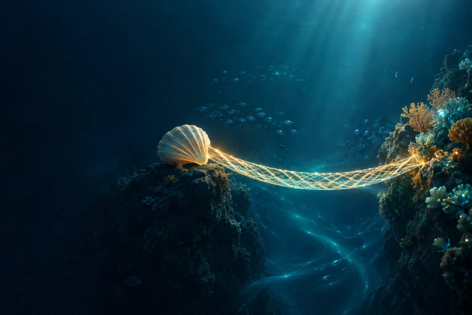 A glowing woven bridge spans a deep-ocean gap from a lone shell to a clustered reef.