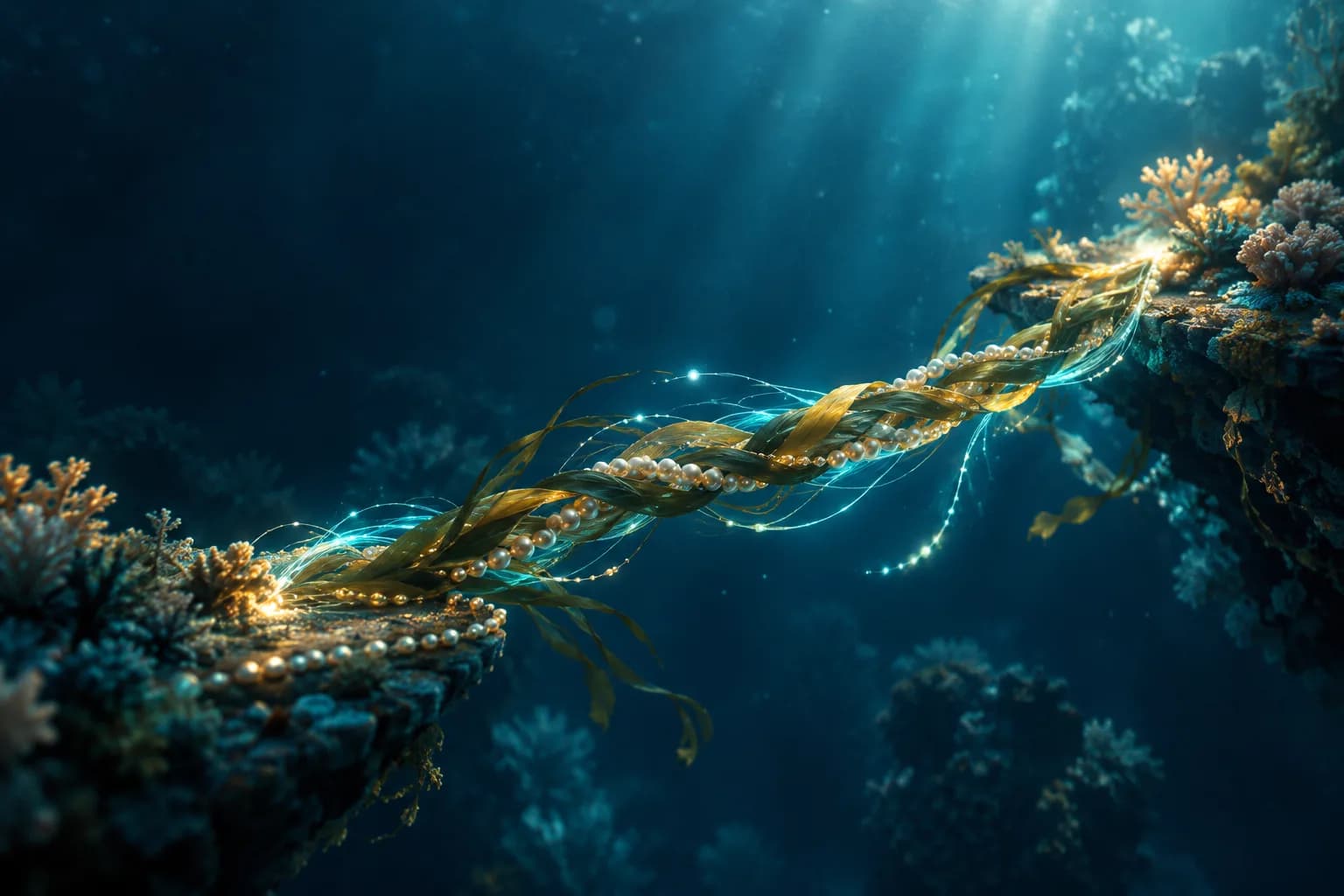 Braided kelp bridge linking two coral platforms, with glowing threads woven into the span by the tide.