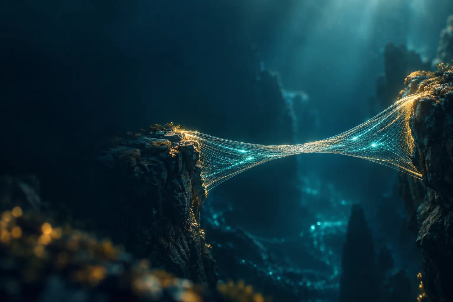A woven thread bridge spans two ledges in a deep ocean, narrowing neatly at the center as glowing currents move through it.