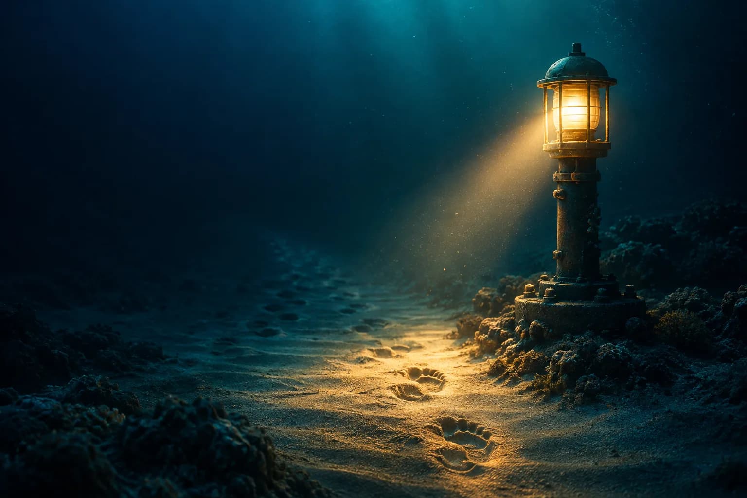 A beacon lights a seabed path, revealing a few strong tracks and many fading footprints