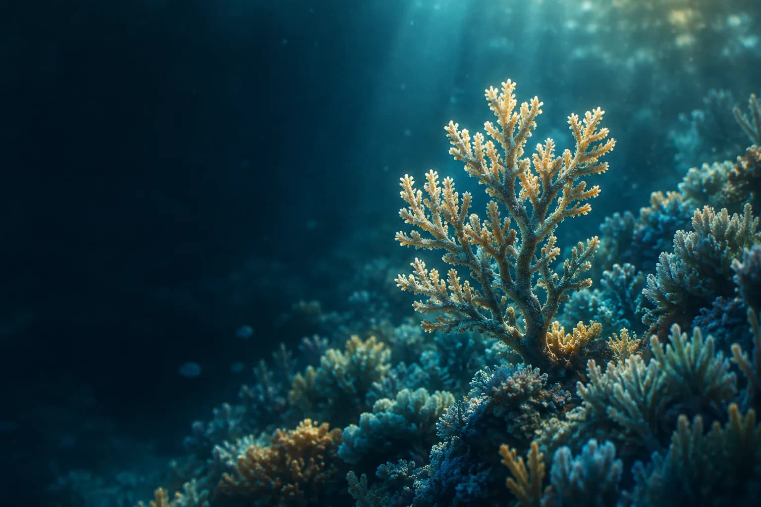 One distinct coral branches upward among a dense coral garden in a glowing deep-ocean scene