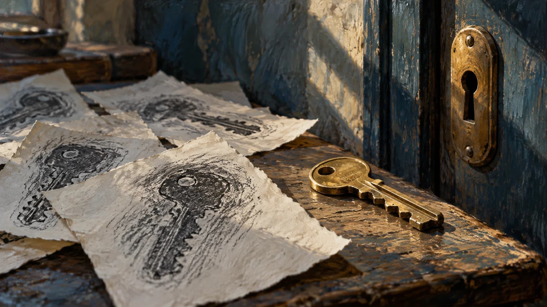 Charcoal key rubbings on loose papers beside a solid brass key and a closed door lock.