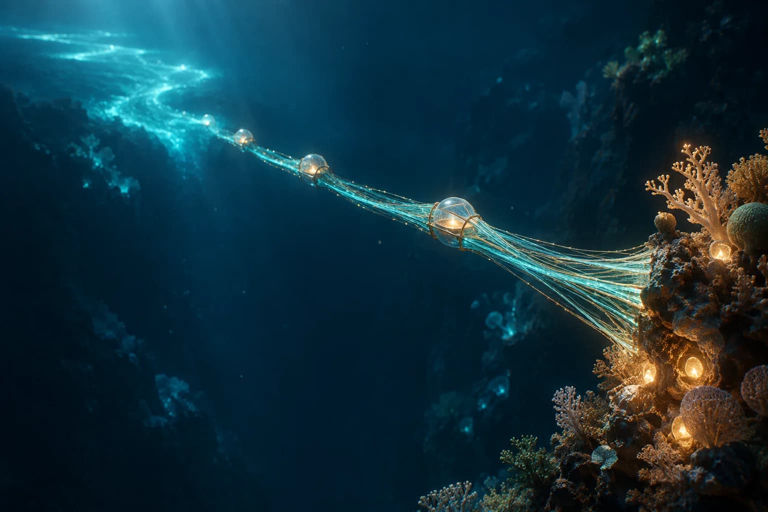Bioluminescent woven bridge spanning a deep-ocean trench between a coral archive and a glowing current