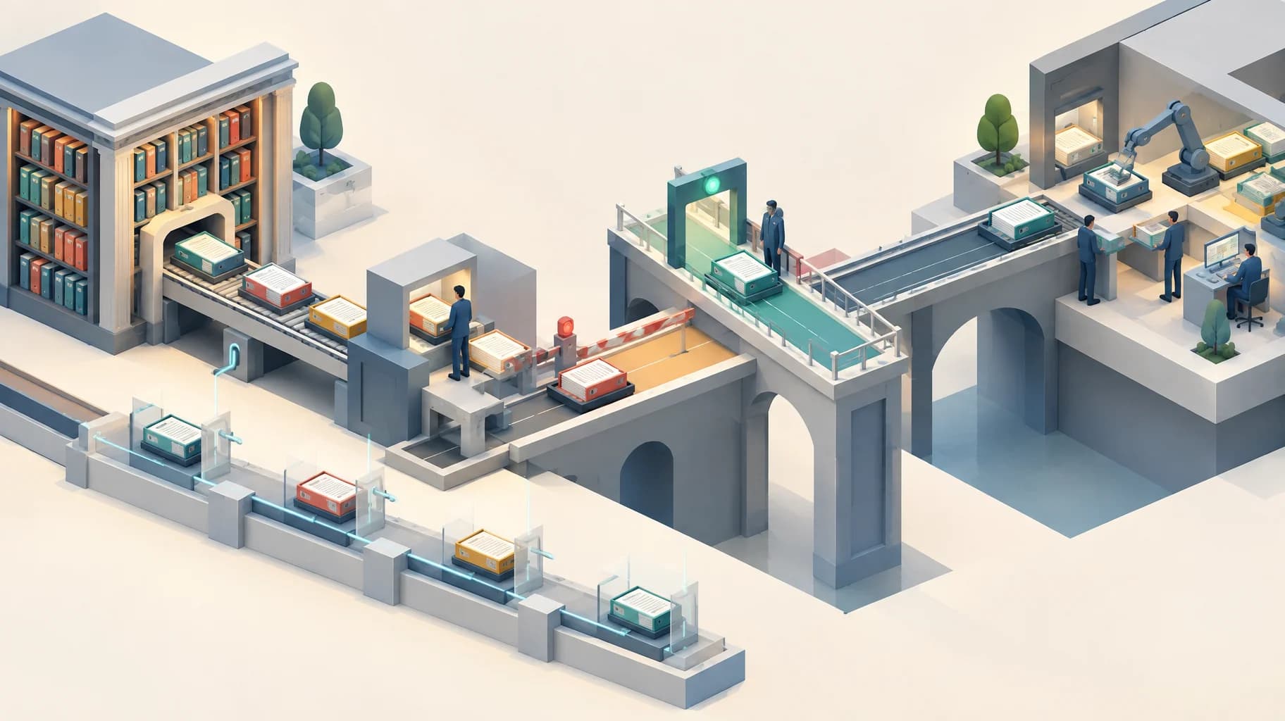 An isometric archive feeds a controlled bridge; one document crosses, another waits for review, and copies remain below.