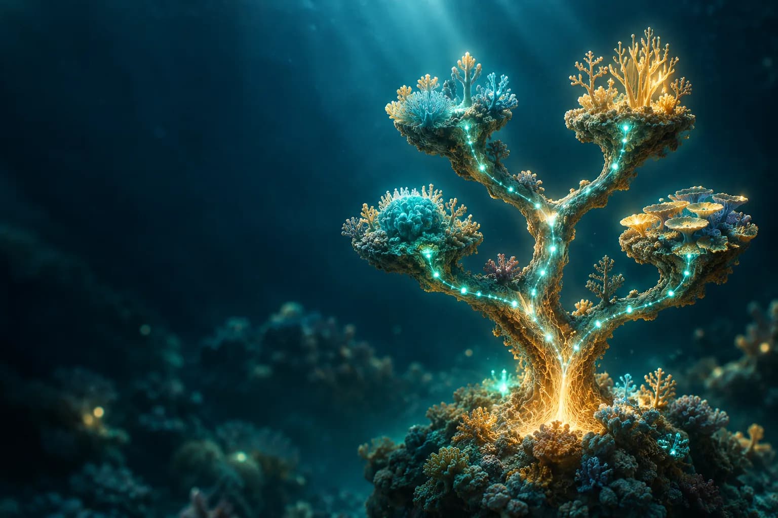 Bioluminescent coral reef structure with branching chambers and a central source