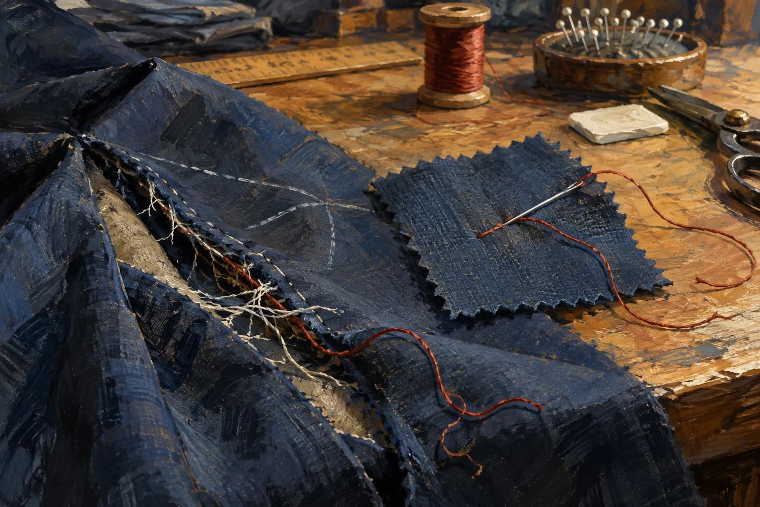 An opened fabric seam beside a fresh swatch with one test stitch; a faint chalk line trails away.