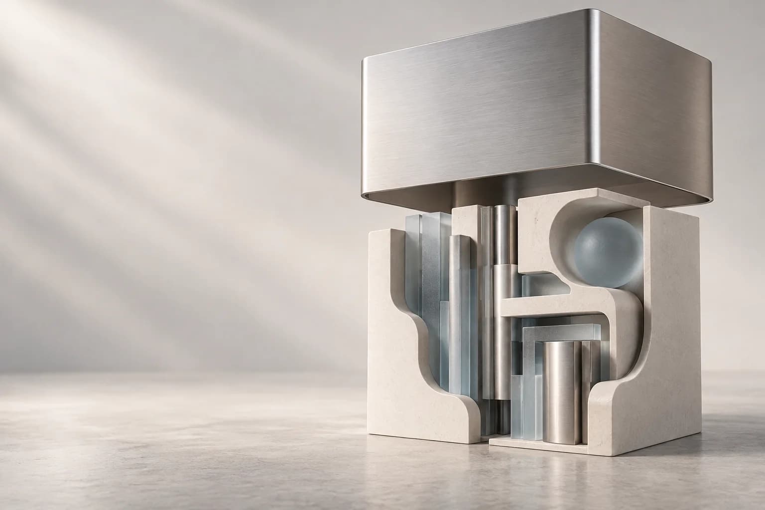 A silver sleeve lifts off a ceramic sculpture, exposing glass inserts, cut channels and gaps beneath its polished exterior.
