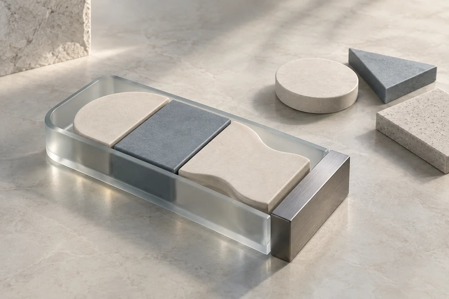 Glass cradle aligns selected ceramic slabs, ending at a metal stop; unused slabs sit outside and an empty landing lies beyond.