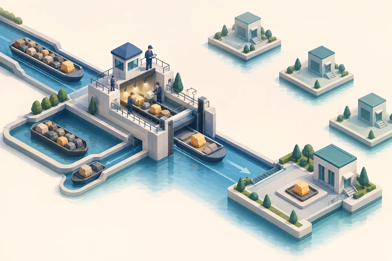 An isometric review lock admits selected cargo to one bounded platform, with holding and return channels for reconsideration.