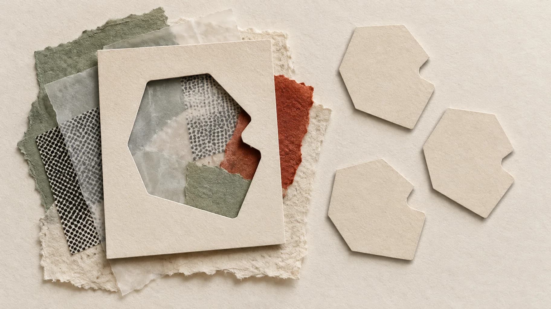 A notched card stencil and three matching paper cutouts leave a rust-red scrap outside the defined shape.