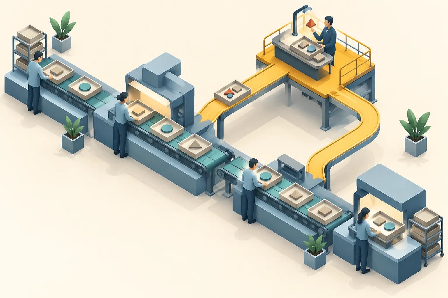 Isometric workflow with evidence trays, an amber route to an expert, and a shared final inspection platform.