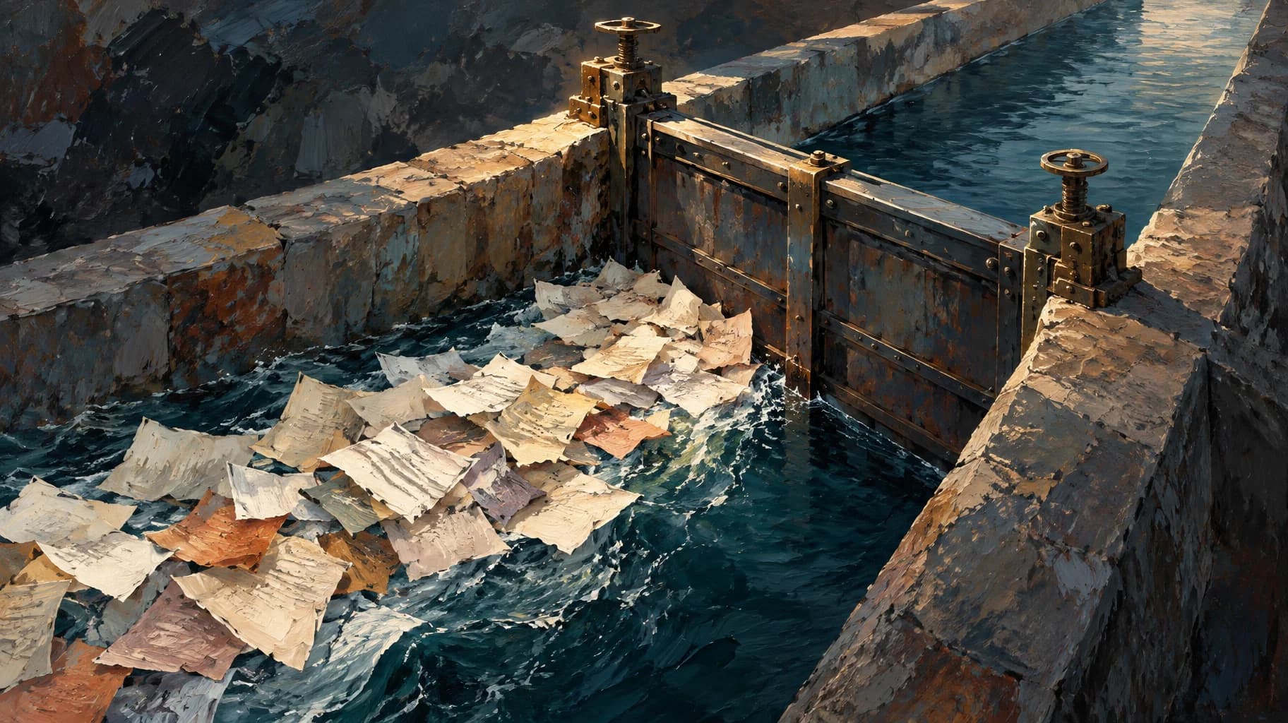 Paper sheets gather before a closed steel sluice gate; the stone channel beyond remains empty.