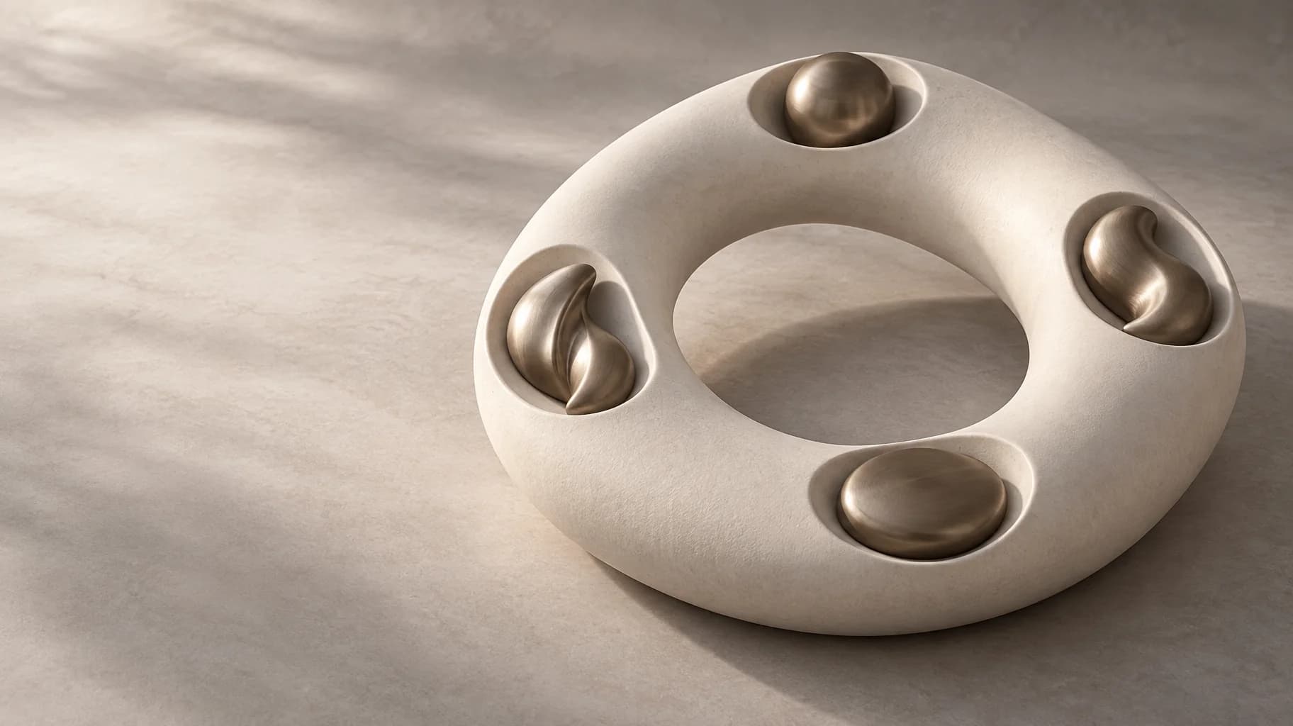 An ivory ceramic loop with four evenly spaced recesses, each holding a differently shaped bronze form.