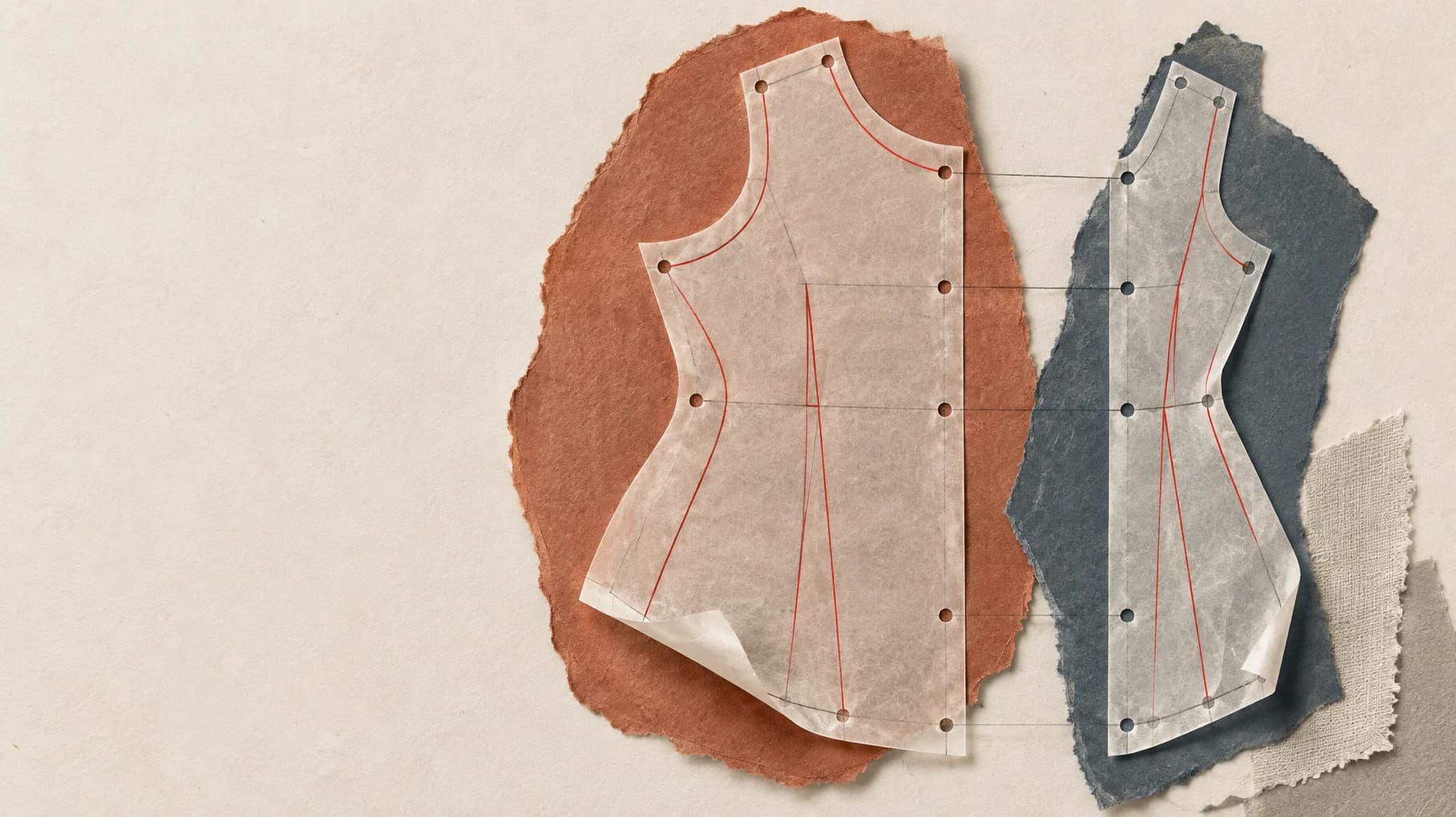 A translucent sewing pattern overlays two different paper shapes, with matching guide holes but individually adjusted fitting lines.
