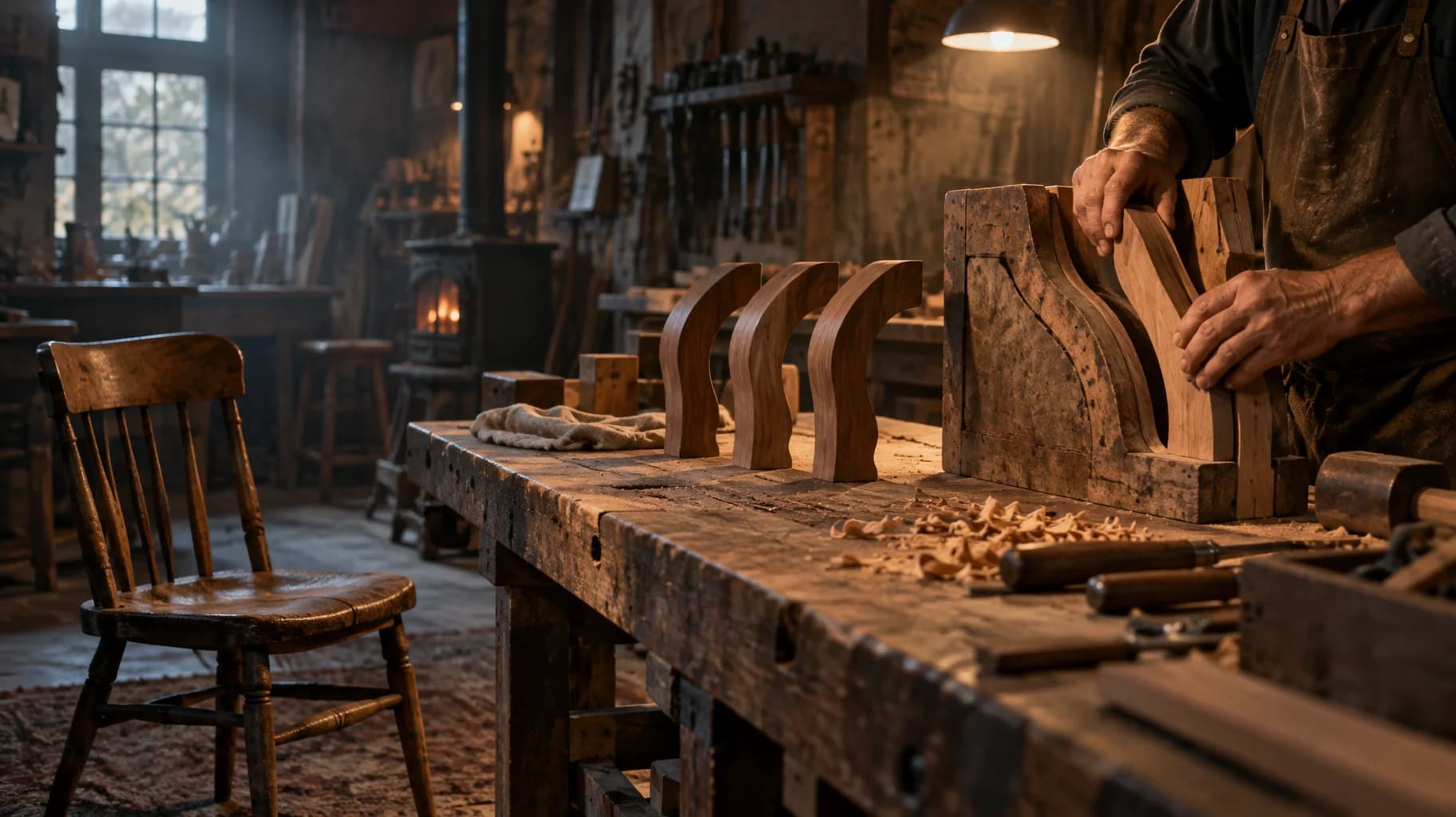A craftsperson uses a wooden master template beside matching finished pieces; an old chair stands empty nearby.