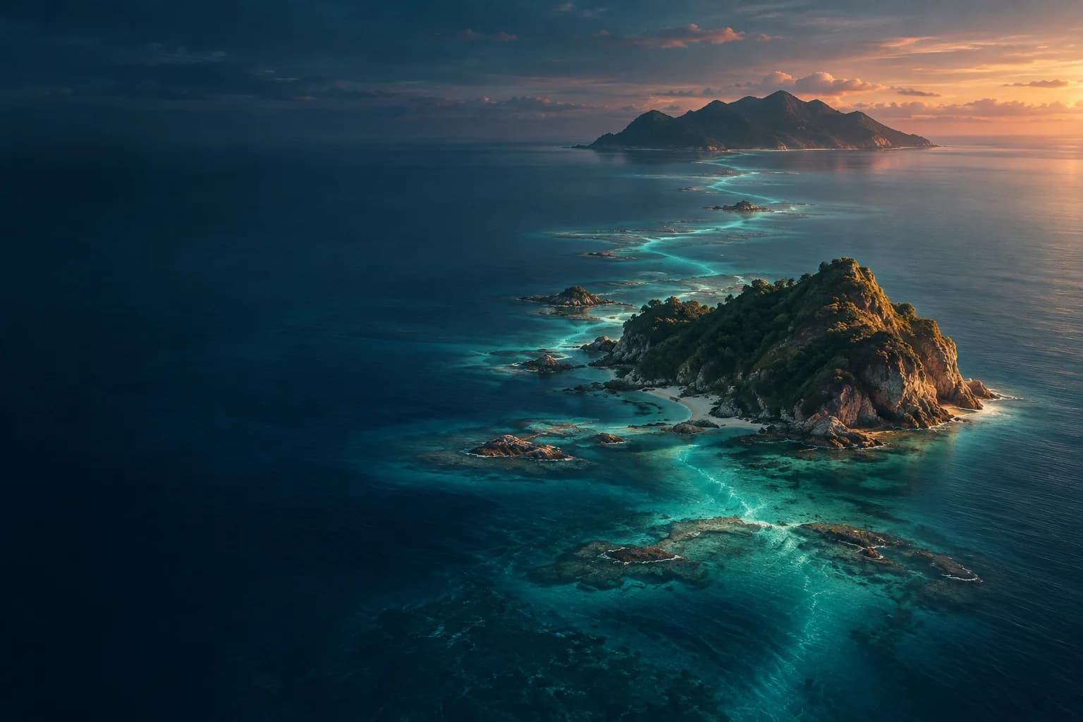 Solitary island linked by reef channels toward a distant island on the horizon at dusk