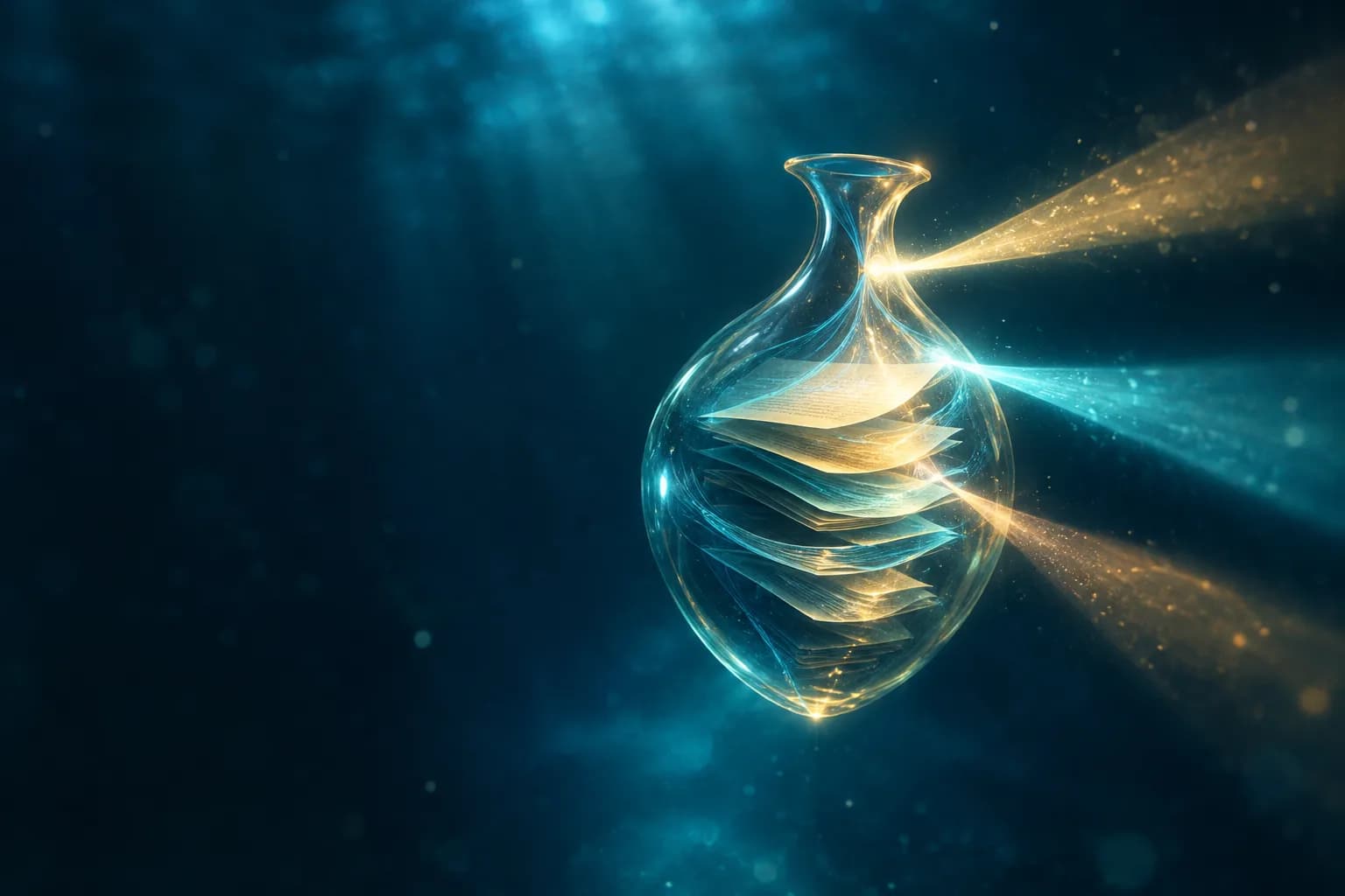 Glass vessel in deep ocean refracting knowledge into three beams: source, applicability, permission