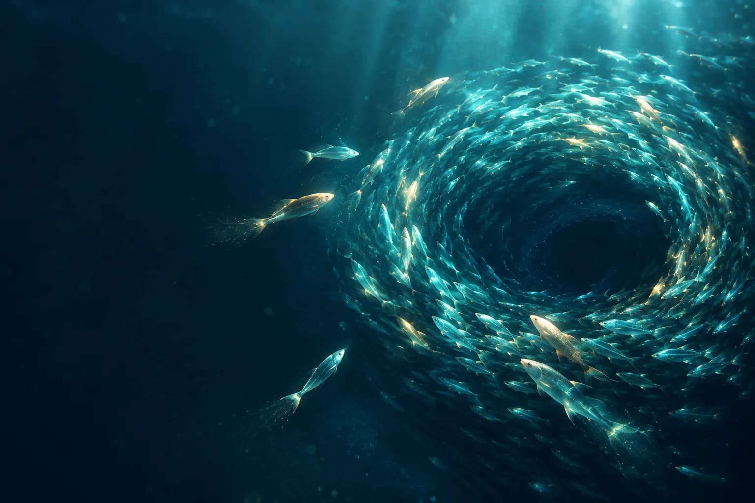 Shoal of fish forming a ring around a central current, with new fish joining the coordinated flow