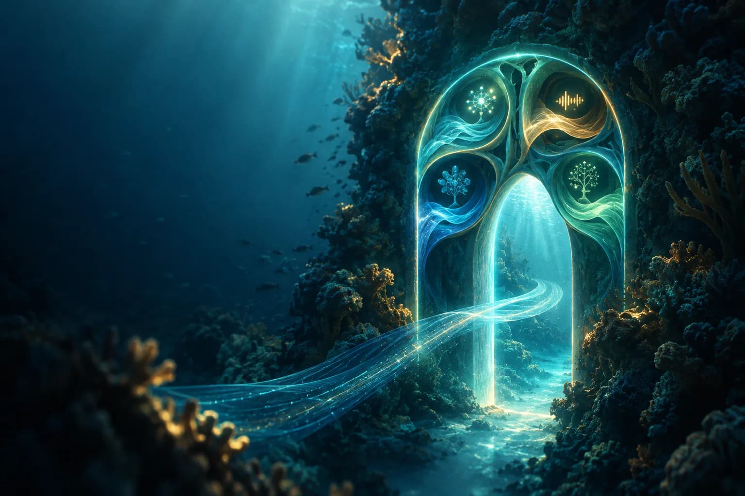 Glowing underwater archway with branching alcoves and flowing ribbons in a deep-ocean wall