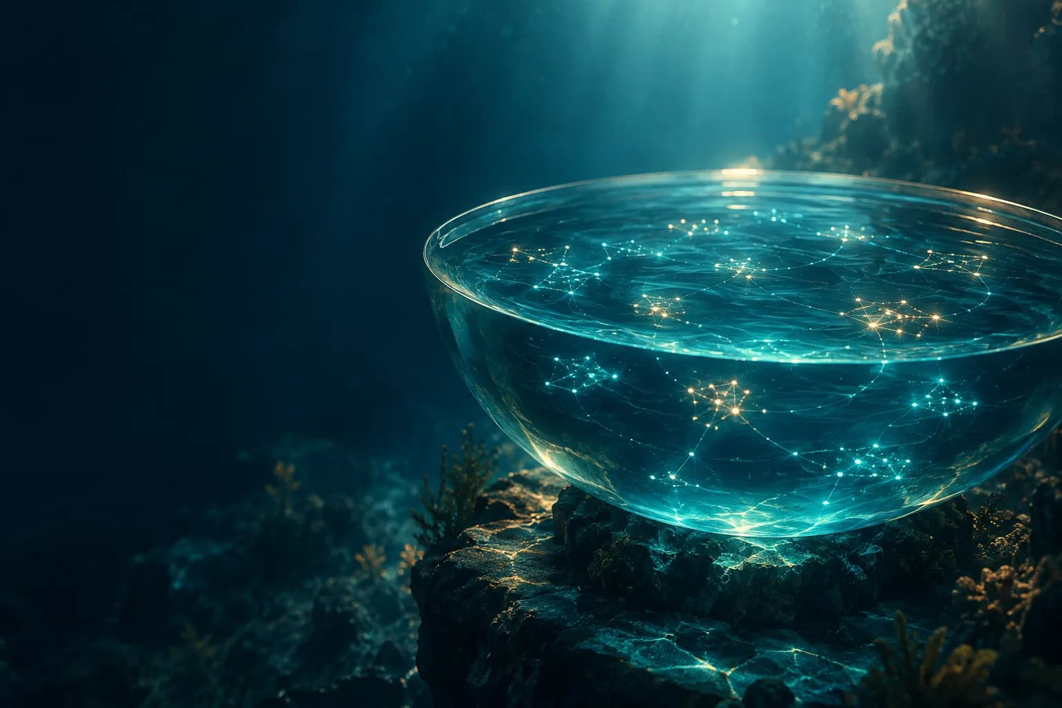 Still water reflecting a star map inside a deep-ocean vault, with clustered constellations beneath the surface.