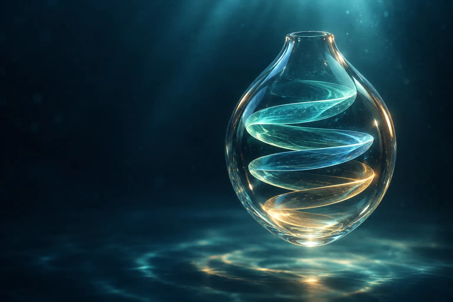 Crystalline glass vessel with refracted light forming four bands in a deep-ocean glow