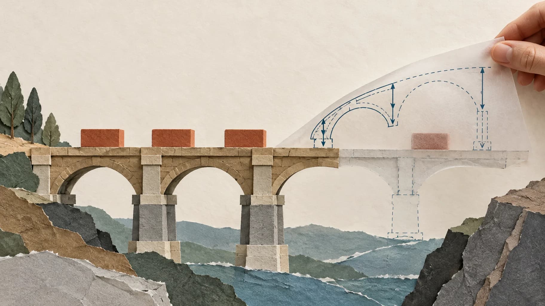 Paper bridge with a translucent extension; traced load paths reveal a missing support beneath the proposed span.