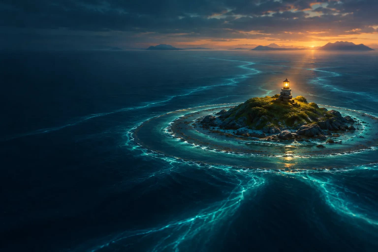 Low island at dusk with tidal markers, a lantern cairn, and sea channels flowing toward the horizon