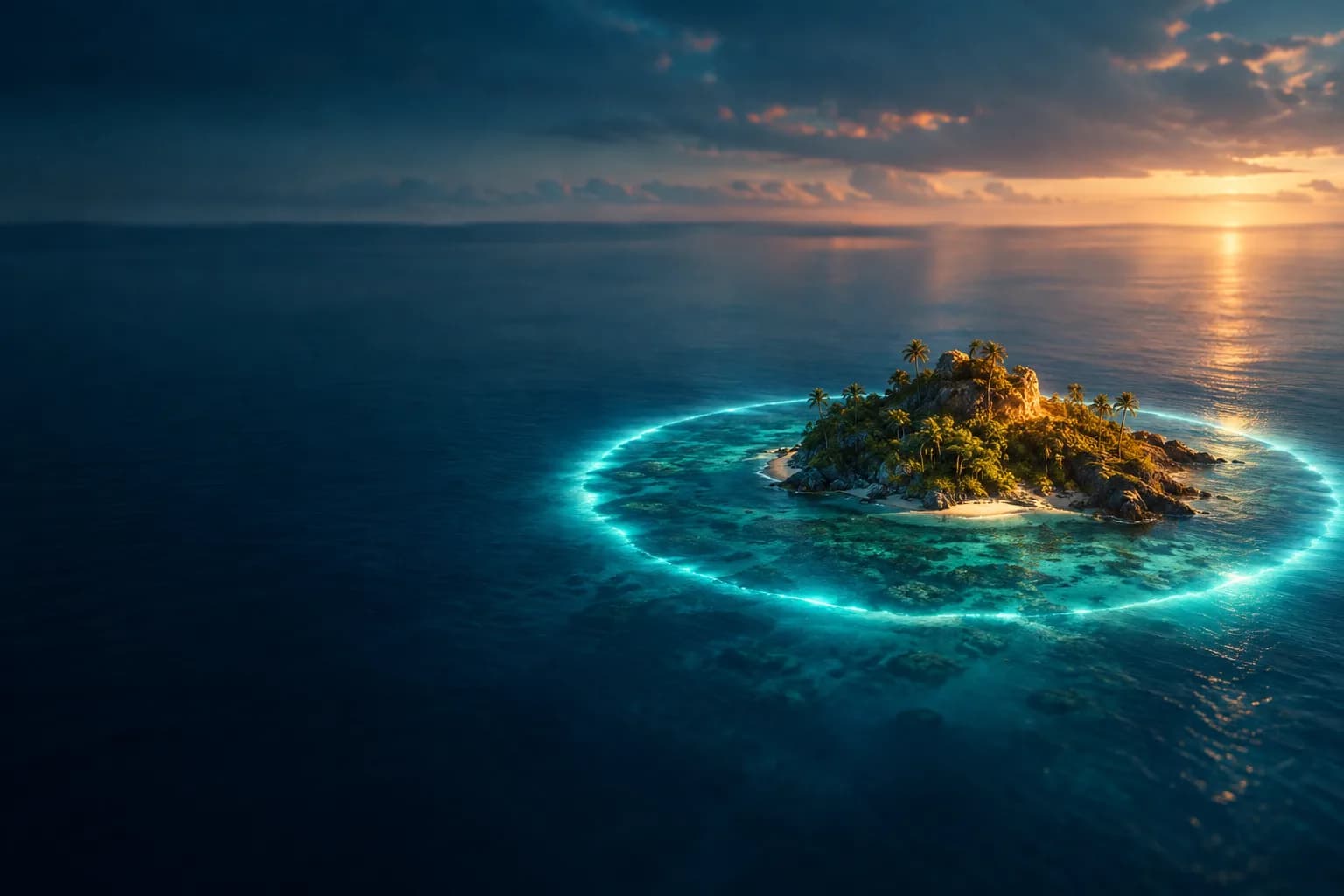Small coral island in calm dusk sea, encircled by a glowing boundary, with open horizon beyond