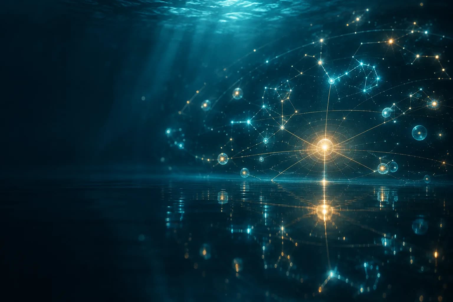 Star map under the sea reflected in still water, with one bright central node